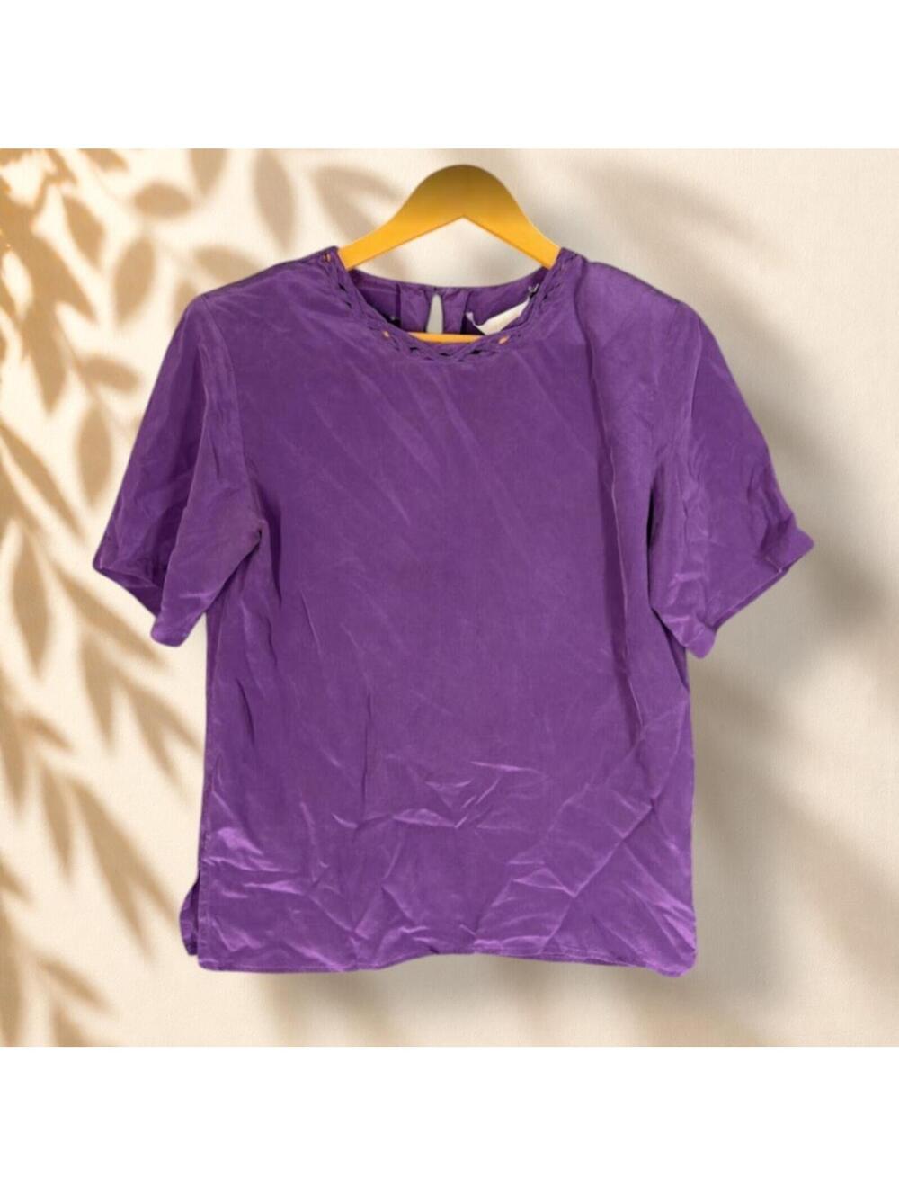 Ellen Ashley Blouse Women S Small Purple Silk Short Sleeve Hook & Eye Casual